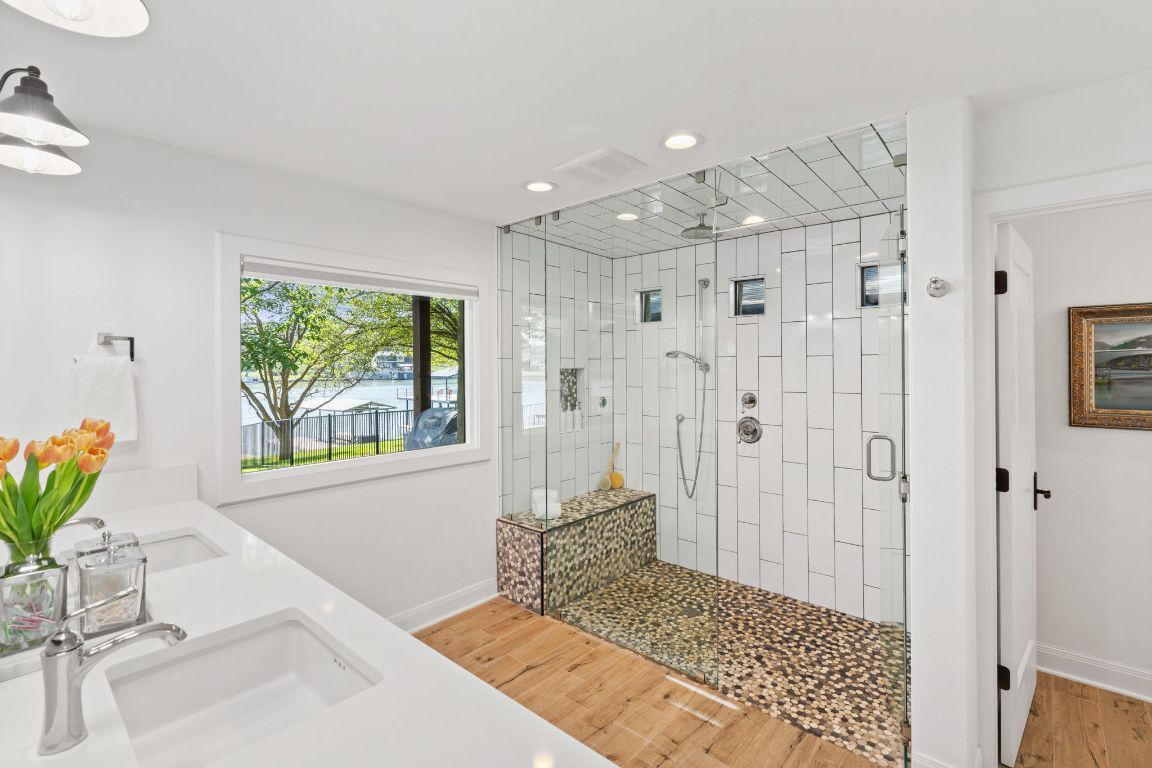 Bathroom, Glass Shower, Interior, Recessed Lighting, Wood Texture Flooring