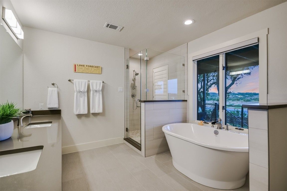 Bathroom, Free Standing Baths, Glass Shower, Interior, Recessed Lighting