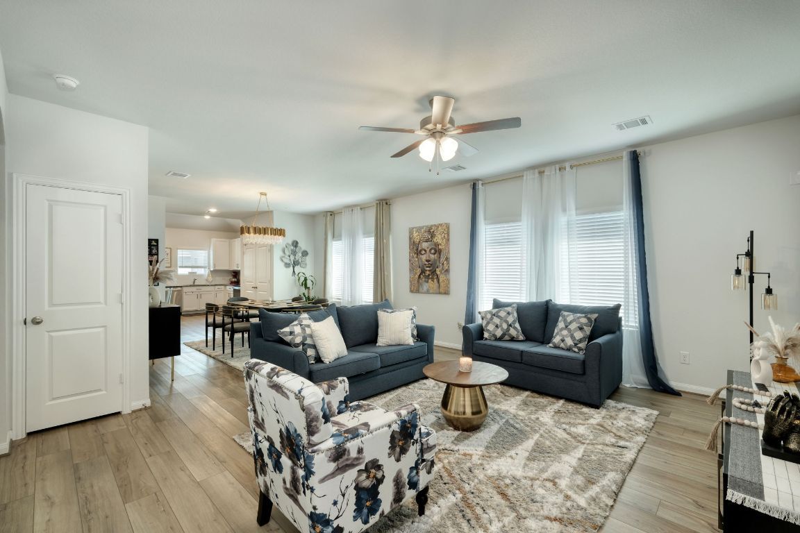 Dining room, Interior, Kitchen, Living room, Pendant Lights, Recessed Lighting, Wood Texture Flooring