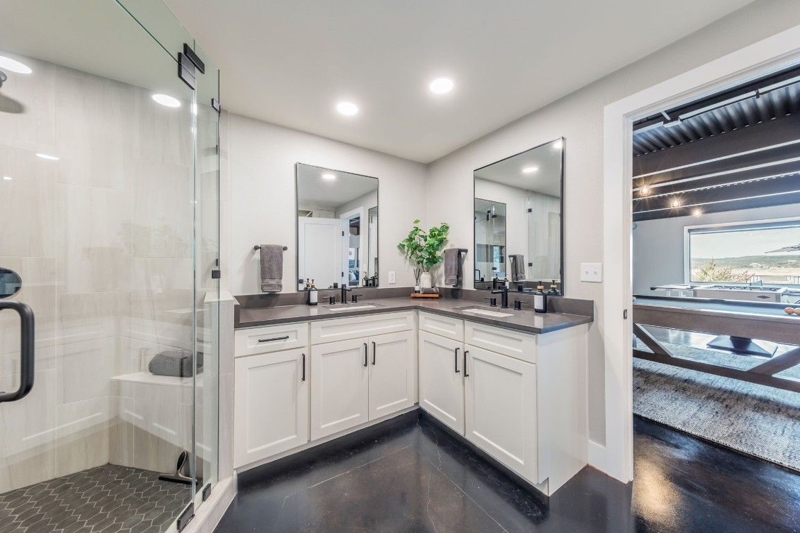 Bathroom, Dual Sink Vanities, Glass Shower, Interior, Recessed Lighting