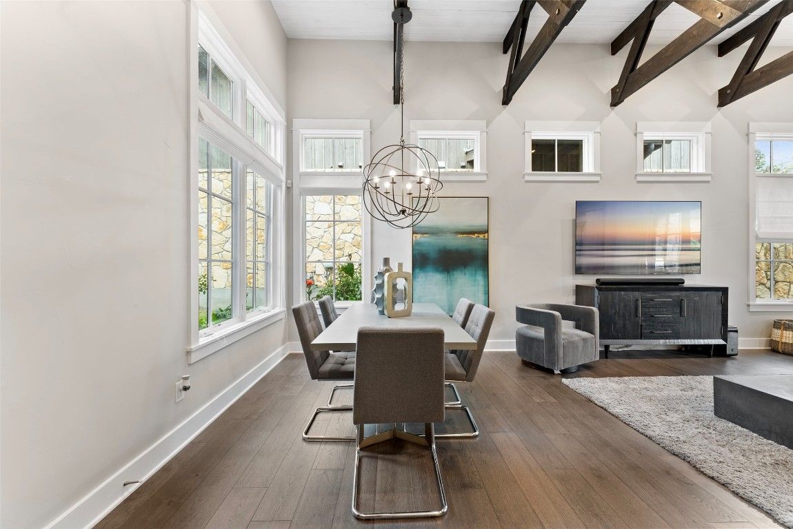 Chandelier, Dining room, Interior, Pendant Lights, Wooden Beams, Wood Texture Flooring