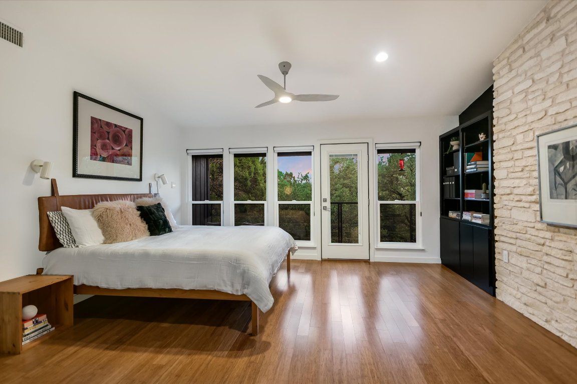 Bedroom, Interior, Recessed Lighting, Stone Walls, Wood Texture Flooring