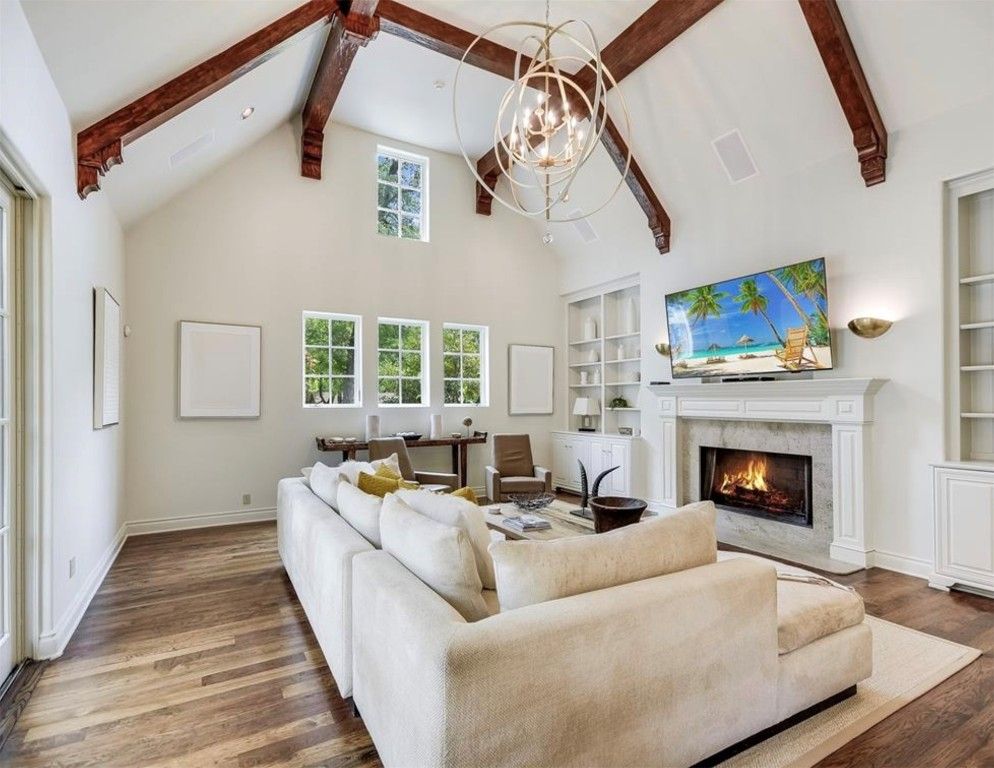 Chandelier, Fireplace, Interior, Living room, Pendant Lights, Wooden Beams, Wood Texture Flooring