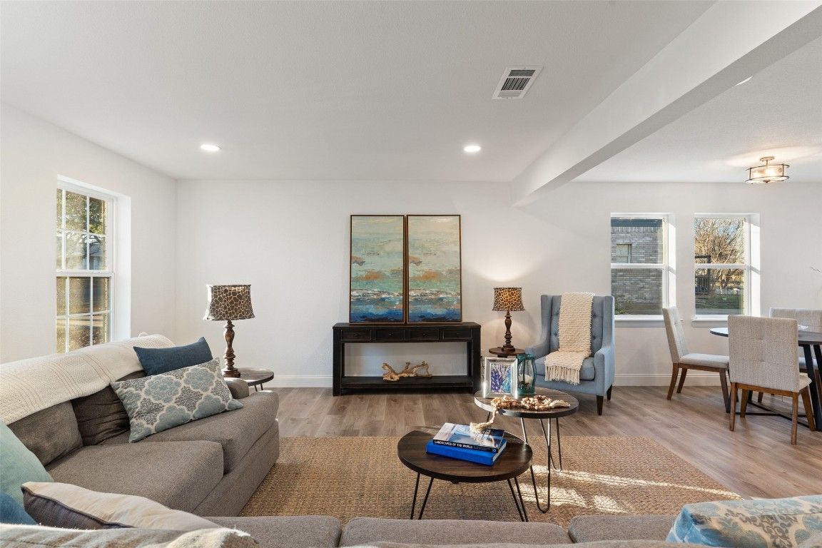 Dining room, Interior, Living room, Recessed Lighting, Wood Texture Flooring