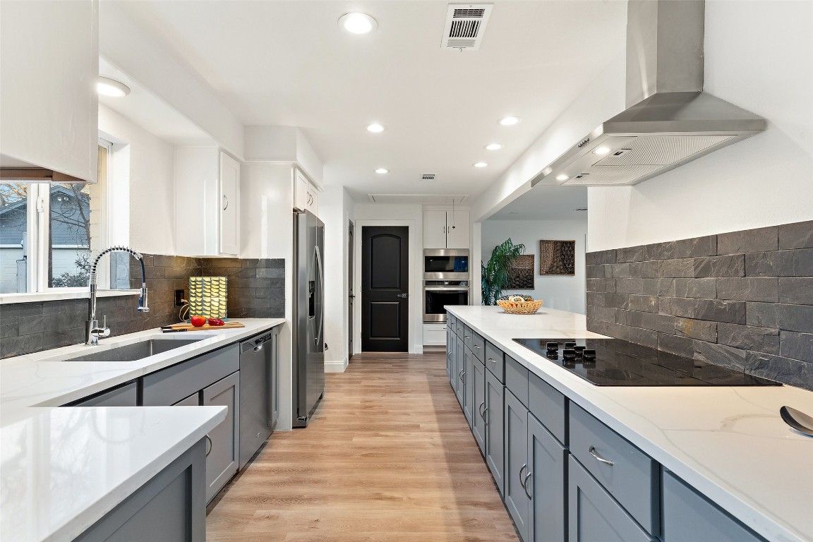 Interior, Kitchen, Recessed Lighting, Stainless Steel Appliances, Wood Texture Flooring