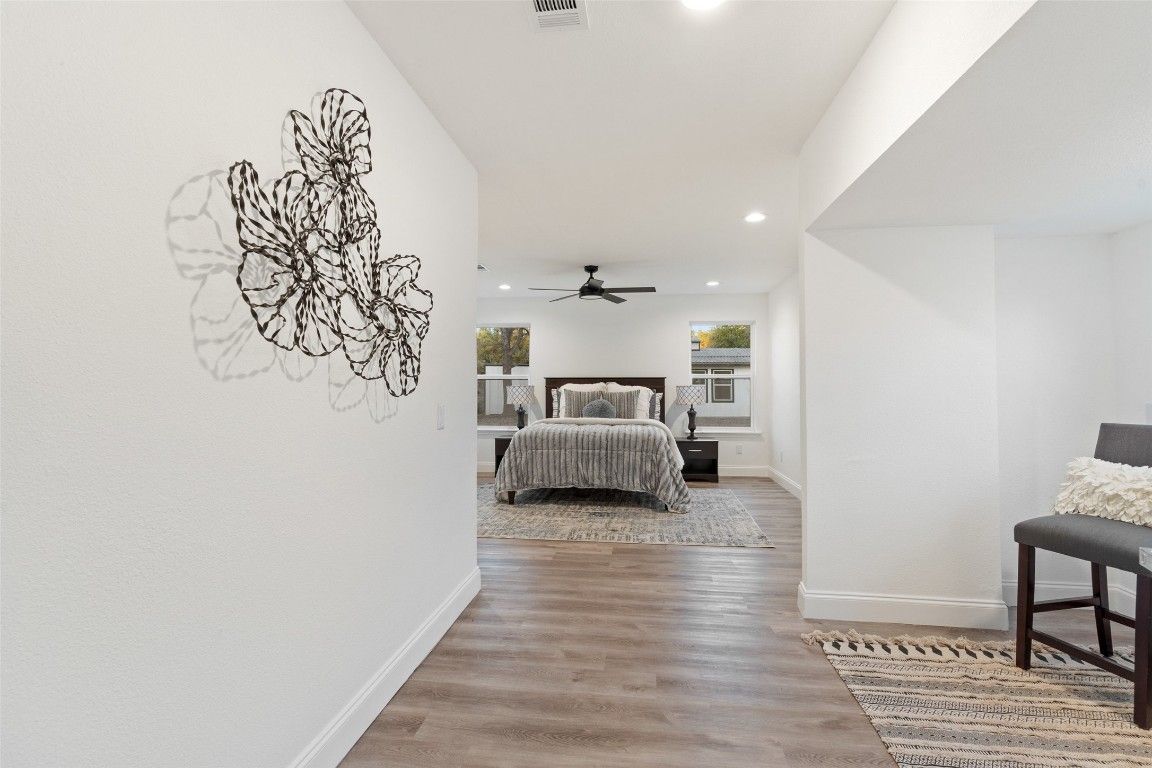 Bedroom, Interior, Recessed Lighting, Wood Texture Flooring