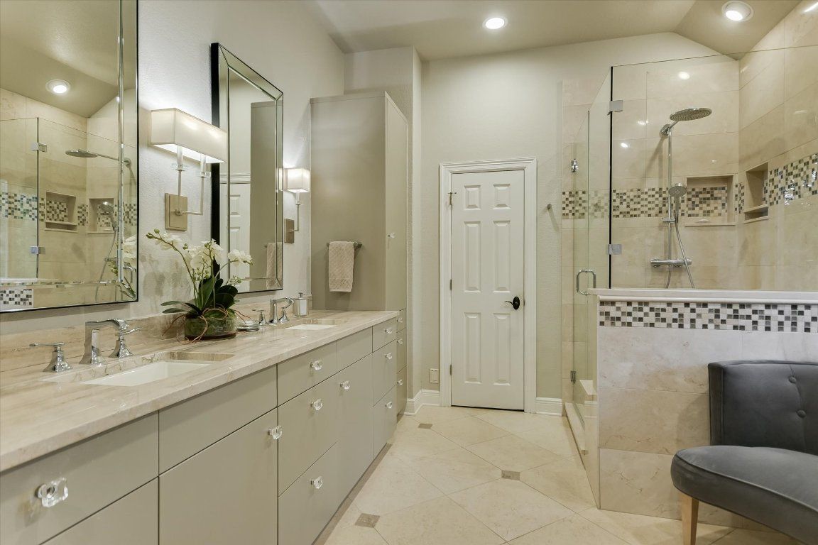 Bathroom, Dual Sink Vanities, Glass Shower, Interior, Recessed Lighting