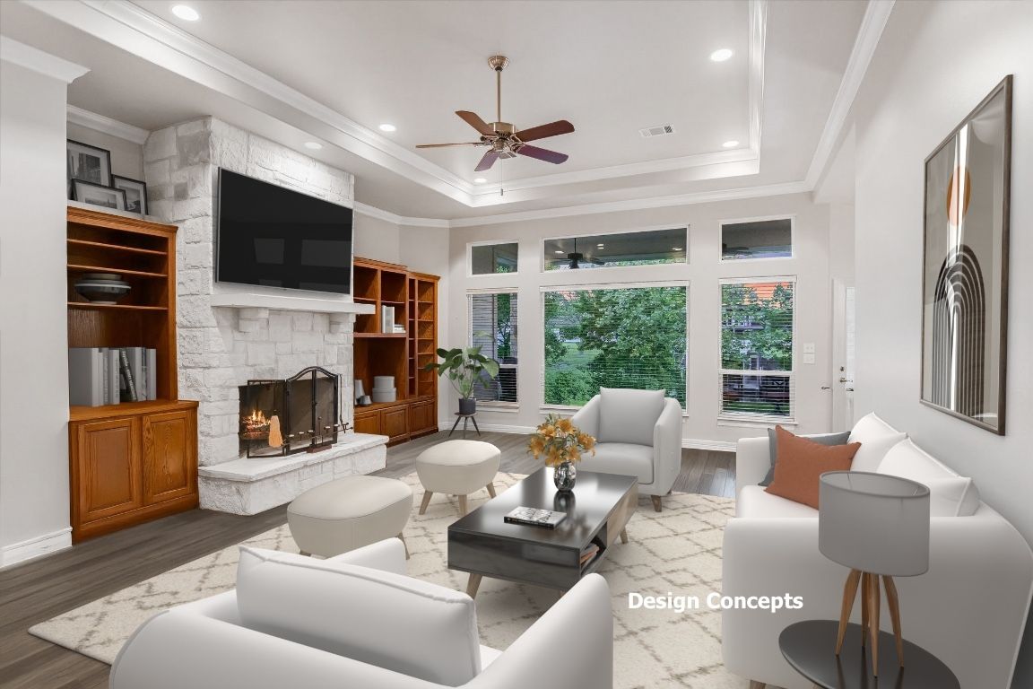 Fireplace, Interior, Living room, Recessed Lighting, Wood Texture Flooring