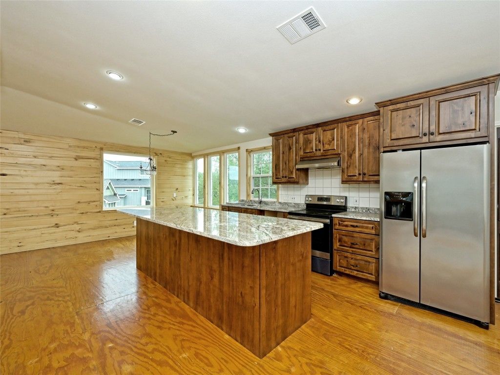 Interior, Kitchen, Recessed Lighting, Wood Texture Flooring, Wooden Walls