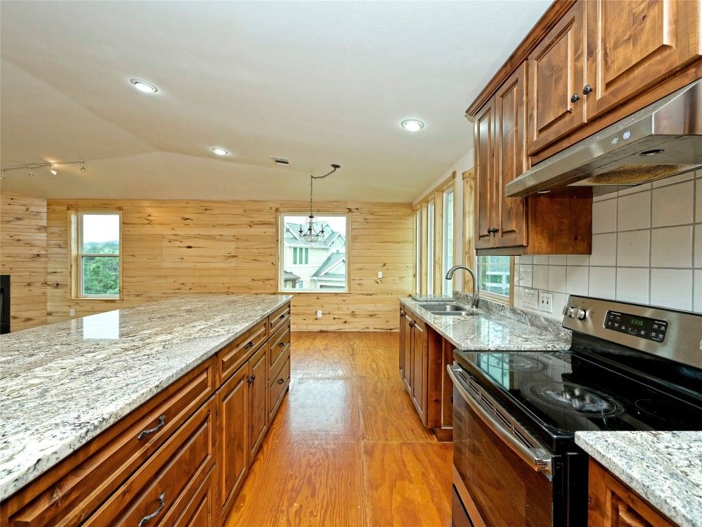 Interior, Kitchen, Recessed Lighting, Wood Texture Flooring, Wooden Walls