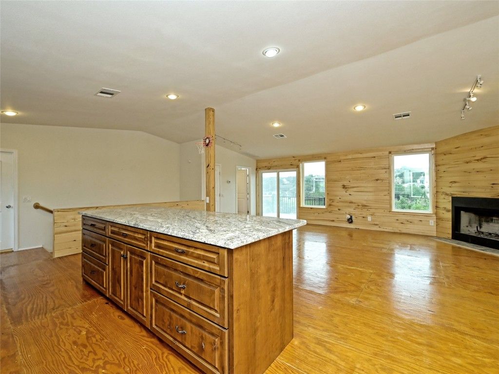 Empty room, Fireplace, Interior, Recessed Lighting, Wood Texture Flooring