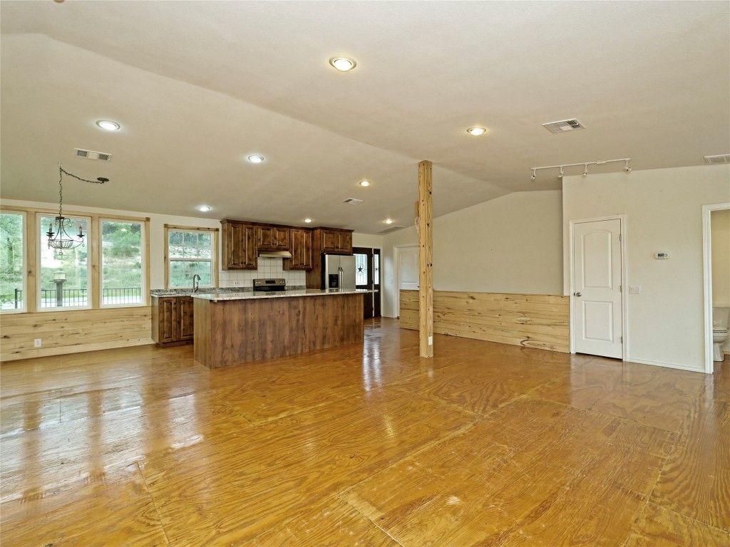 Empty room, Interior, Kitchen, Pendant Lights, Recessed Lighting, Wood Texture Flooring