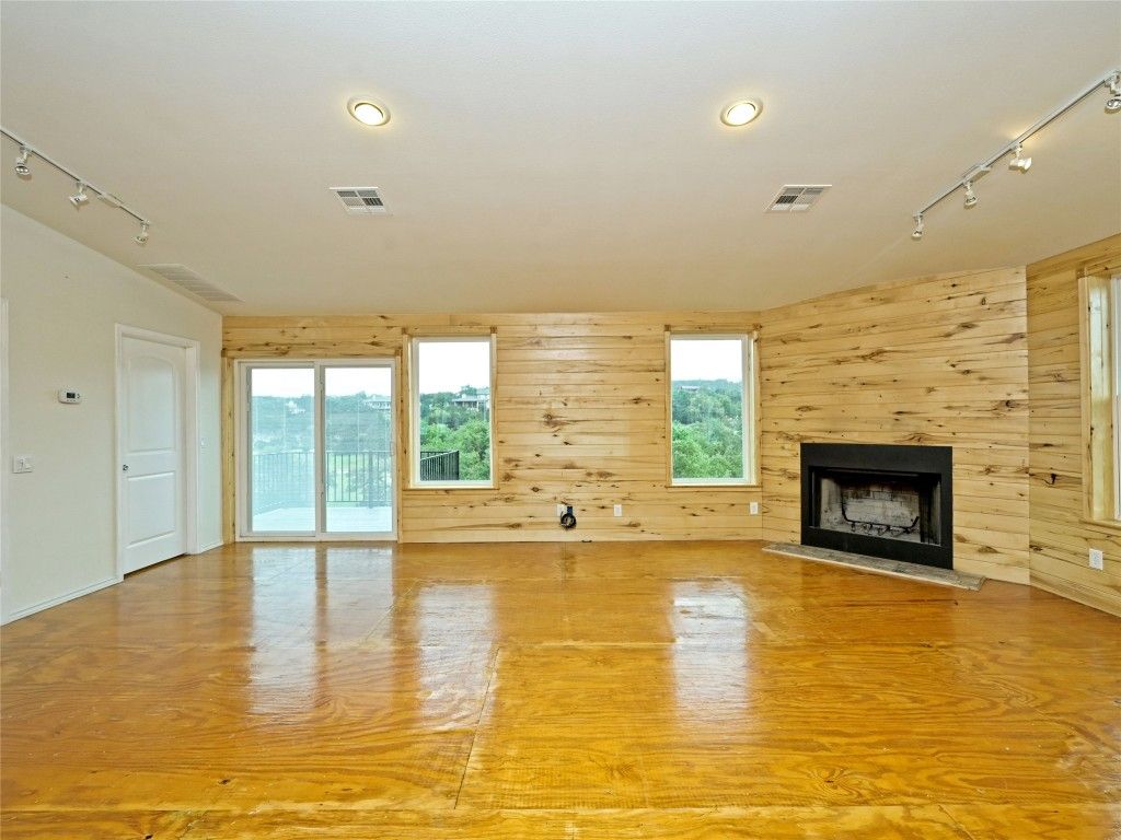 Empty room, Fireplace, Interior, Recessed Lighting, Wood Texture Flooring, Wooden Walls