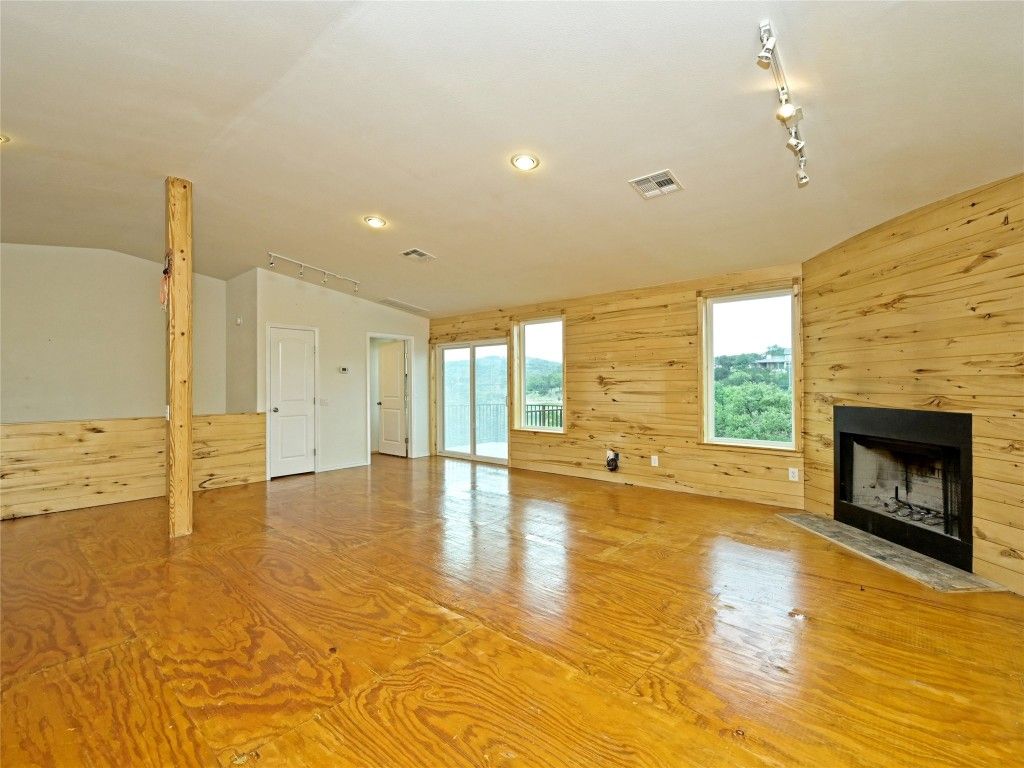 Empty room, Fireplace, Interior, Recessed Lighting, Wood Texture Flooring, Wooden Walls