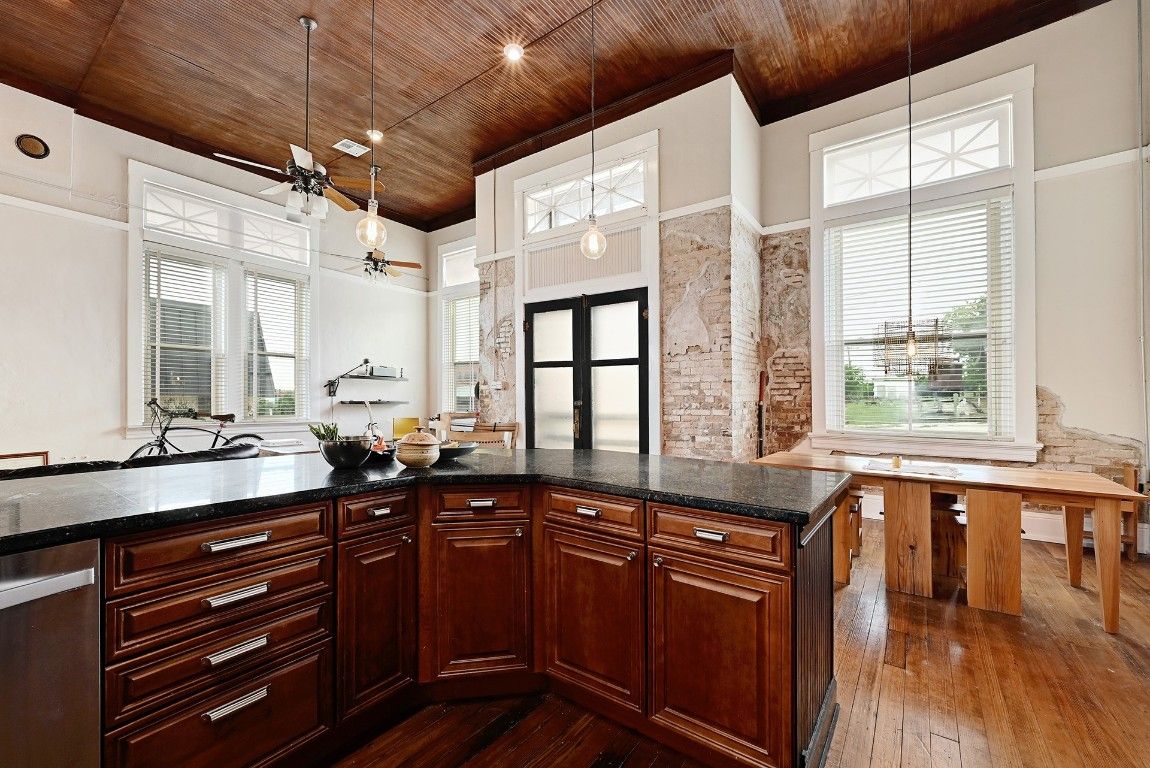 Interior, Kitchen, Pendant Lights, Recessed Lighting, Wooden Ceilings, Wood Texture Flooring