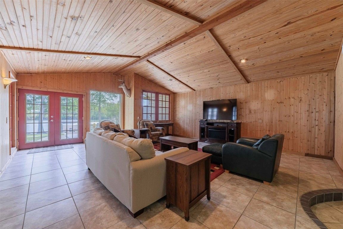 Fireplace, Interior, Living room, Recessed Lighting, Wooden Beams, Wooden Ceilings, Wooden Walls