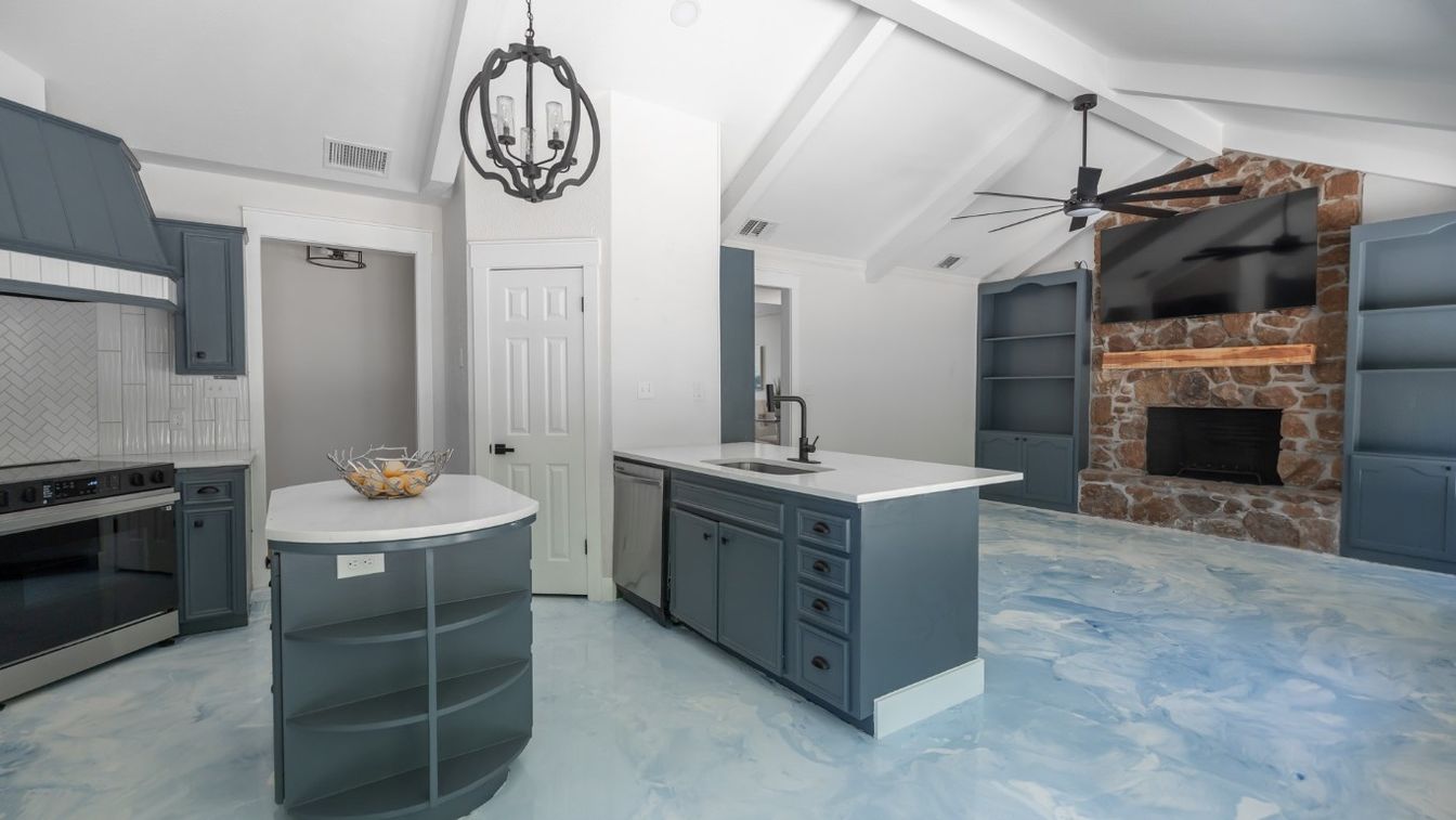 Fireplace, Interior, Kitchen, Marble, Pendant Lights, Stone Walls