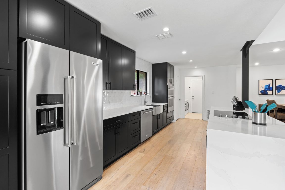 Interior, Kitchen, Recessed Lighting, Stainless Steel Appliances, Wood Texture Flooring