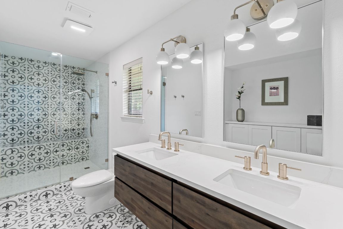 Bathroom, Dual Sink Vanities, Glass Shower, Interior, Recessed Lighting