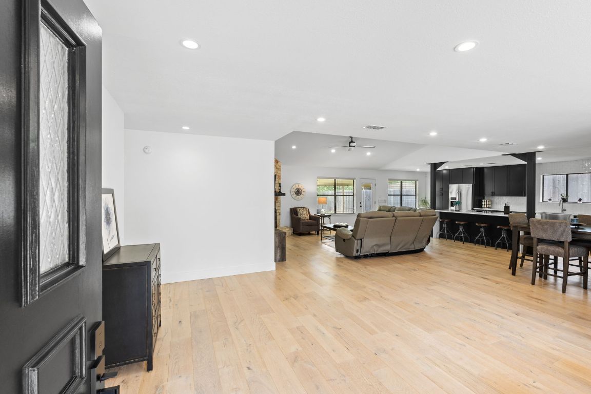 Dining room, Interior, Kitchen, Living room, Recessed Lighting, Wood Texture Flooring