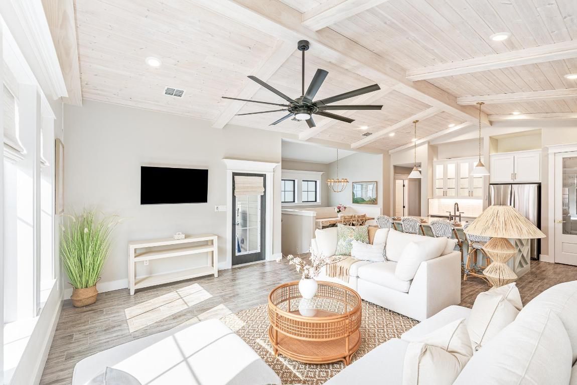 Dining room, Interior, Kitchen, Living room, Pendant Lights, Recessed Lighting, Stainless Steel Appliances, Wooden Ceilings, Wood Texture Flooring