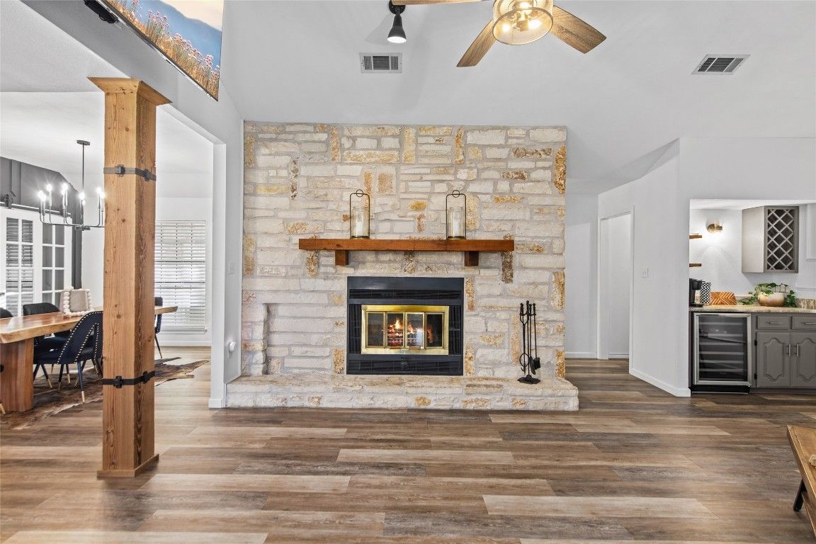 Dining room, Fireplace, Interior, Pendant Lights, Stone Walls, Wood Texture Flooring