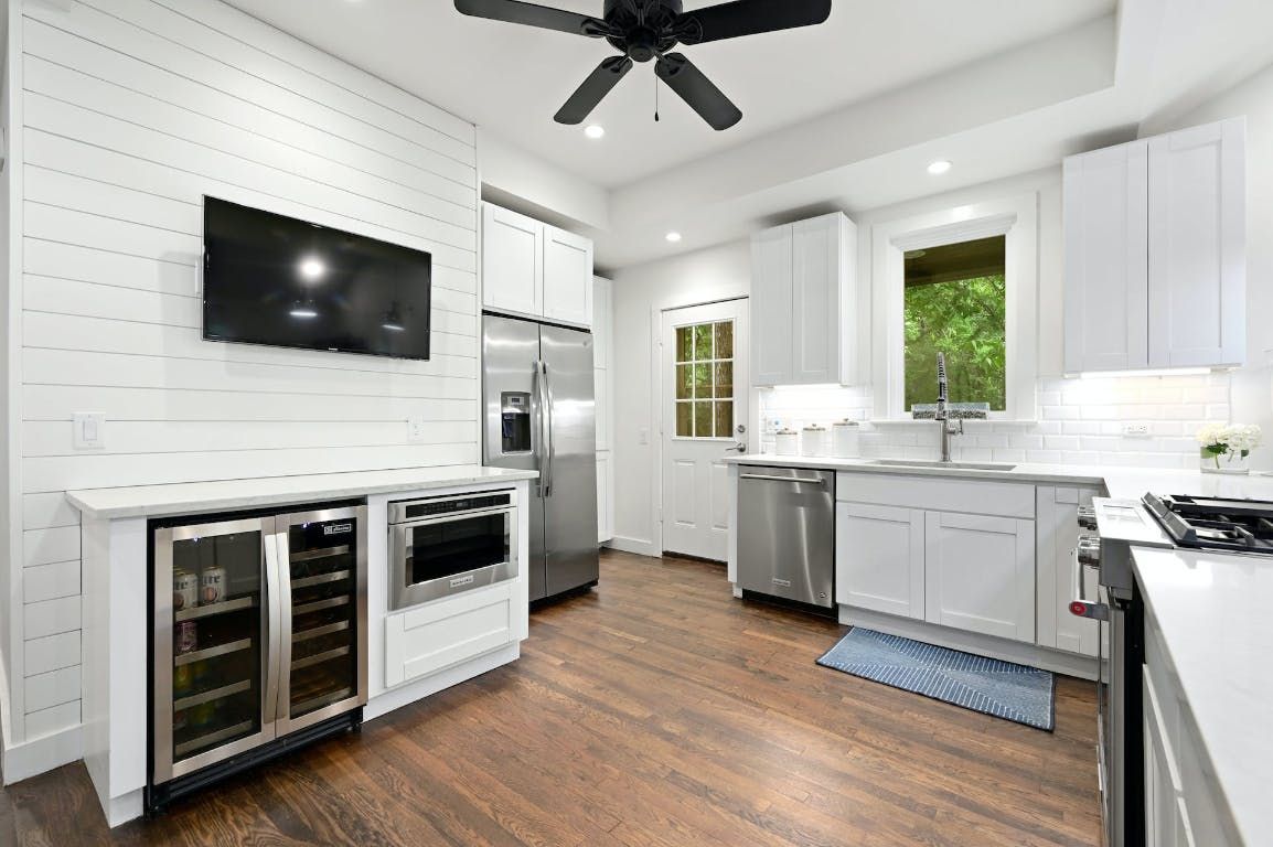 Interior, Kitchen, Recessed Lighting, Stainless Steel Appliances, Wood Texture Flooring