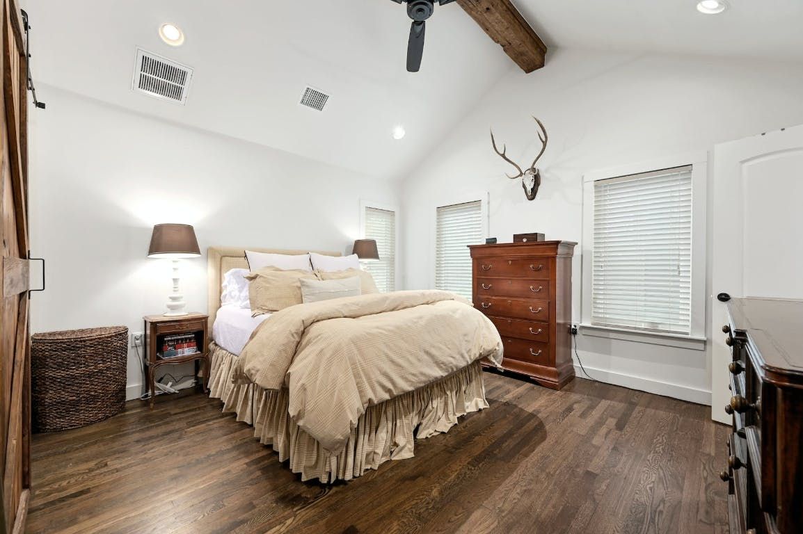 Bedroom, Interior, Recessed Lighting, Wooden Beams, Wood Texture Flooring