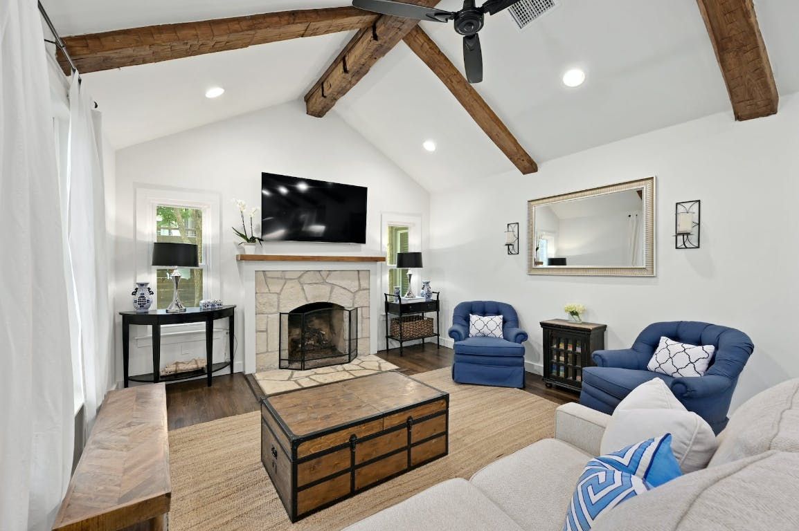 Fireplace, Interior, Living room, Recessed Lighting, Wooden Beams, Wood Texture Flooring