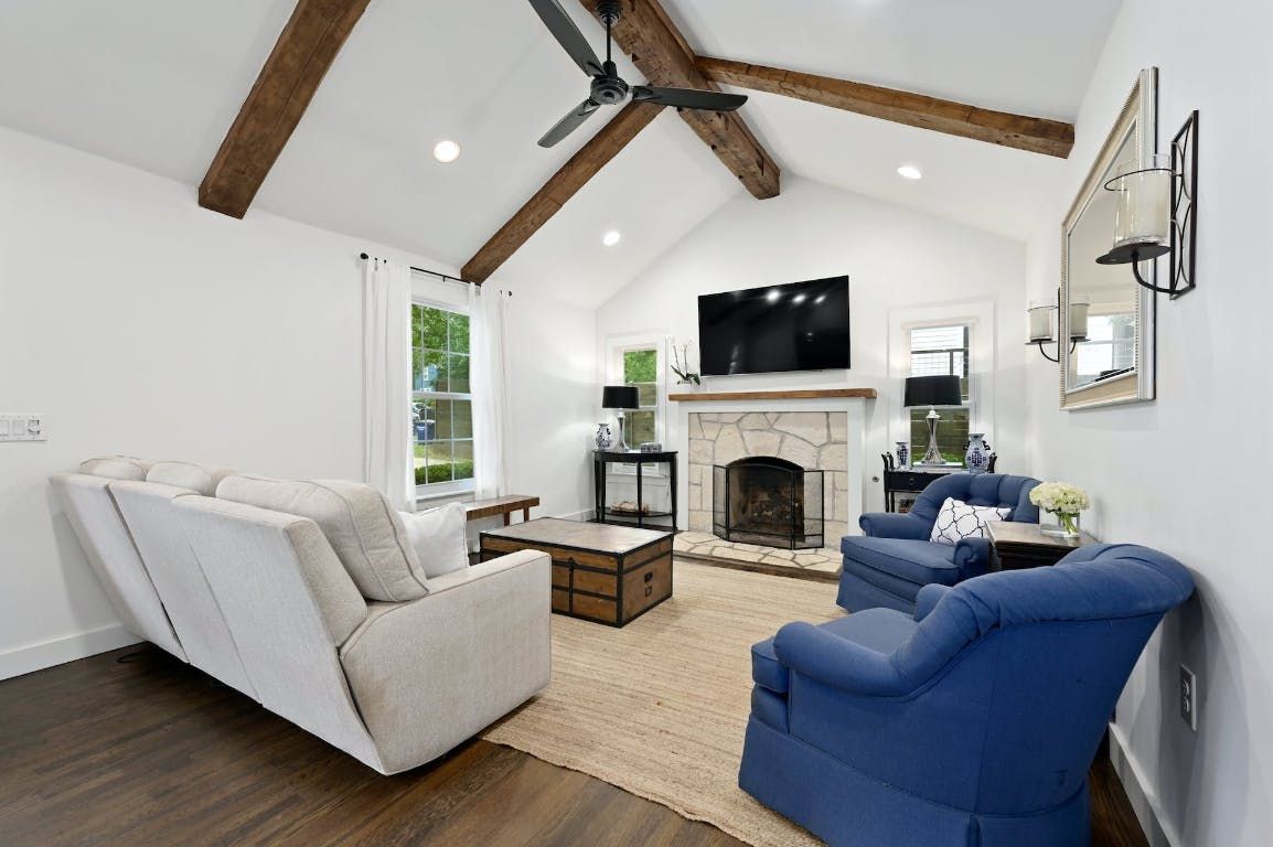 Fireplace, Interior, Living room, Recessed Lighting, Wooden Beams, Wood Texture Flooring