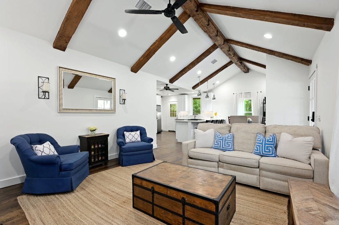 Interior, Living room, Recessed Lighting, Wooden Beams, Wood Texture Flooring