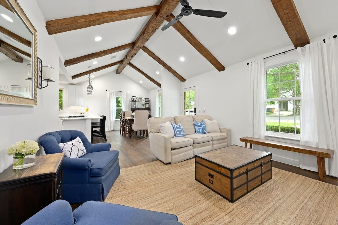 Dining room, Interior, Living room, Pendant Lights, Recessed Lighting, Wooden Beams, Wood Texture Flooring