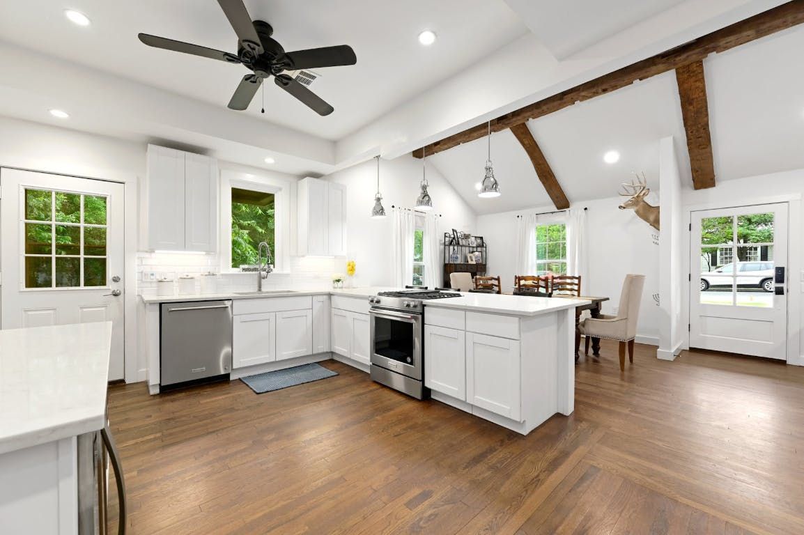 Dining room, Interior, Kitchen, Pendant Lights, Recessed Lighting, Stainless Steel Appliances, Wooden Beams, Wood Texture Flooring