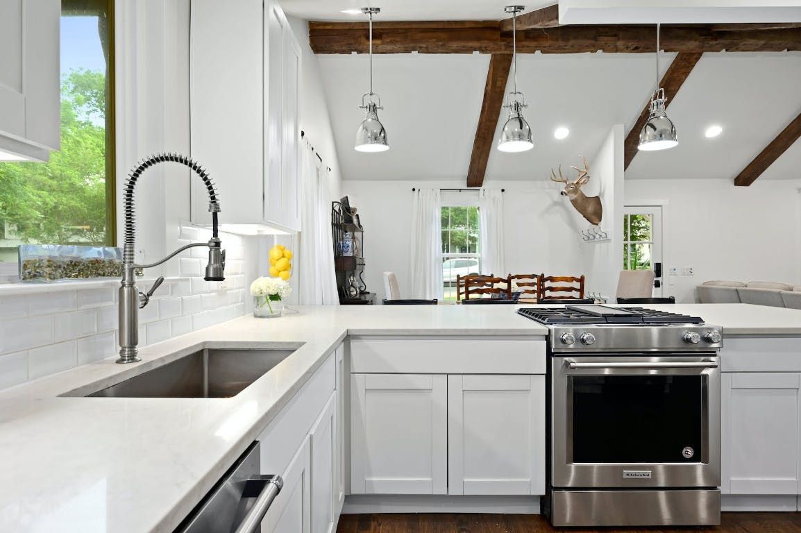 Interior, Kitchen, Pendant Lights, Recessed Lighting, Stainless Steel Appliances, Wooden Beams, Wood Texture Flooring