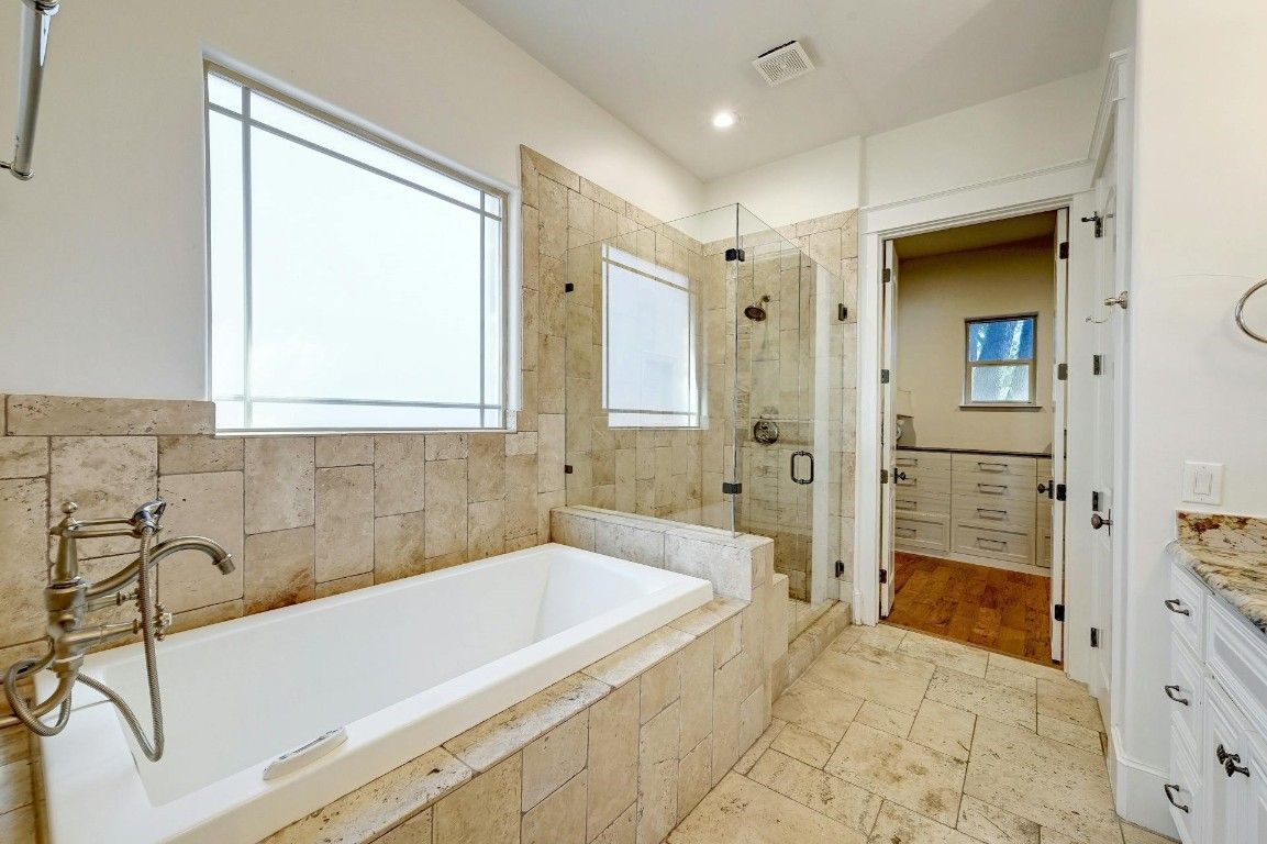 Bathroom, Glass Shower, Interior, Recessed Lighting, Wood Texture Flooring