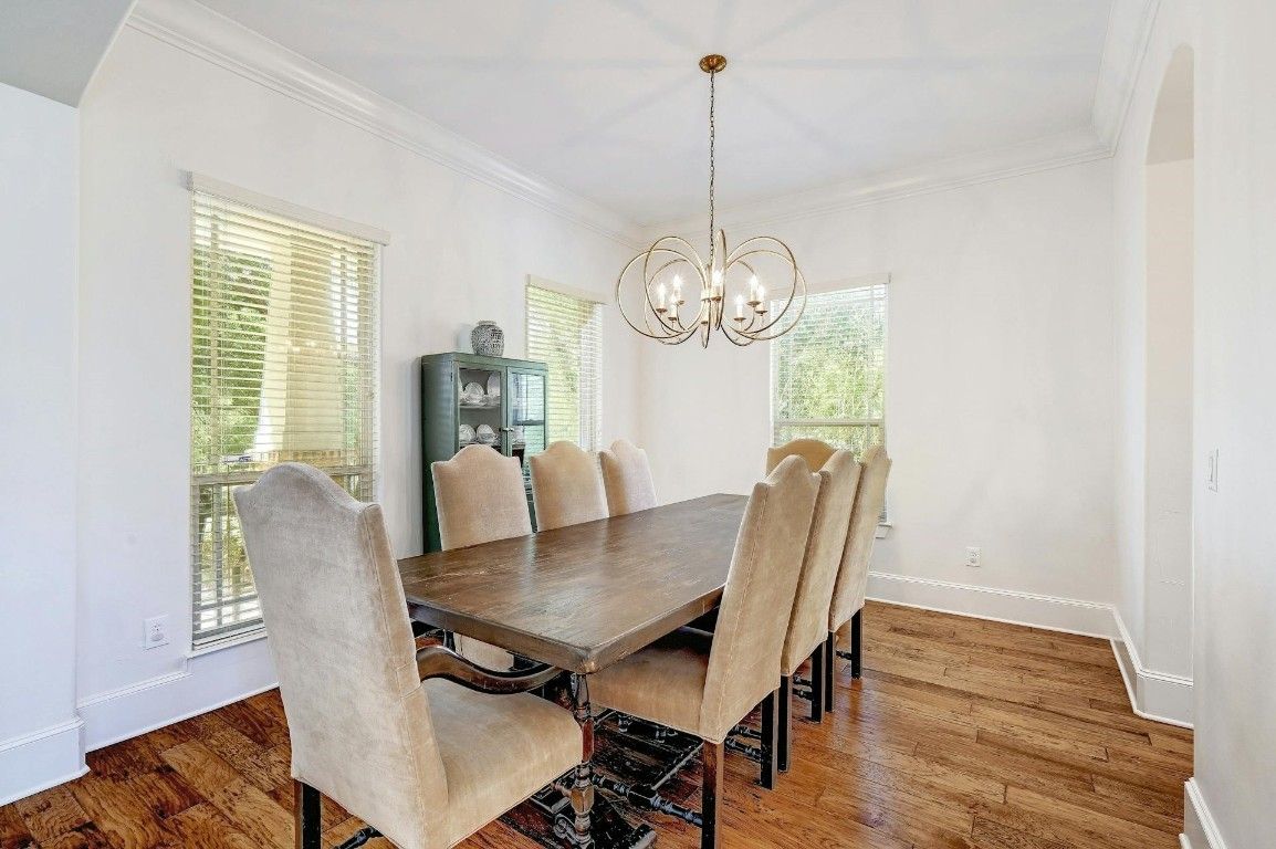Chandelier, Dining room, Interior, Wood Texture Flooring