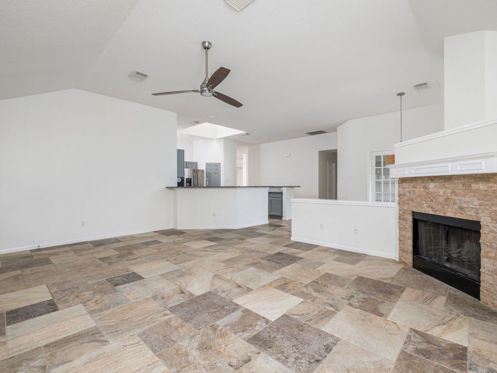 Empty room, Fireplace, Interior, Kitchen, Pendant Lights