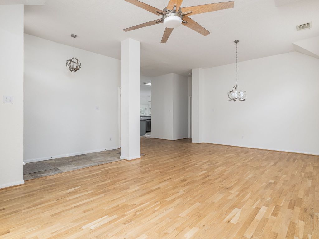 Empty room, Interior, Pendant Lights, Wood Texture Flooring