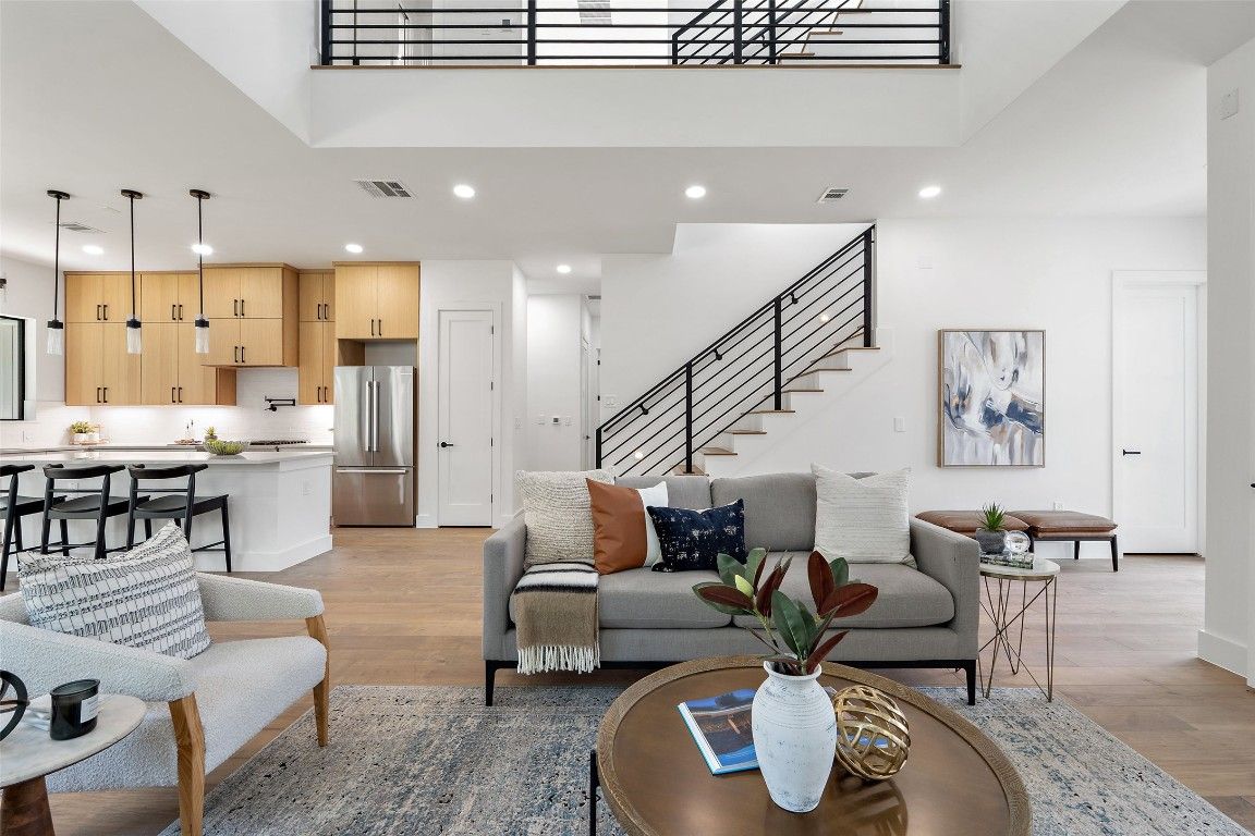 Interior, Kitchen, Living room, Pendant Lights, Recessed Lighting, Stainless Steel Appliances, Wood Texture Flooring