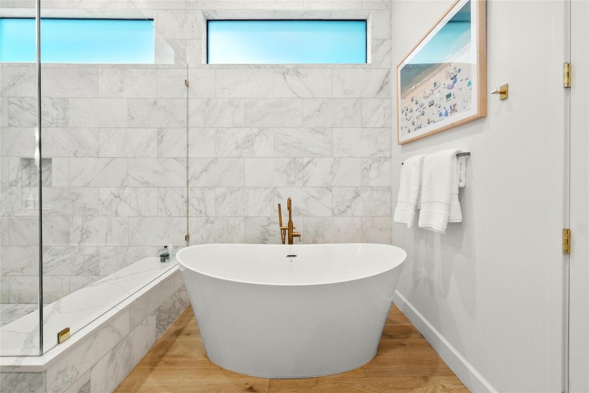 Bathroom, Free Standing Baths, Interior, Marble Walls, Wood Texture Flooring