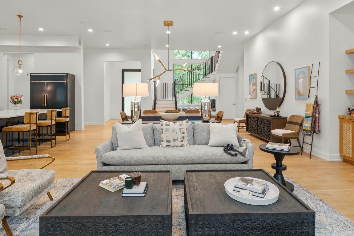 Dining room, Interior, Living room, Pendant Lights, Recessed Lighting, Wood Texture Flooring