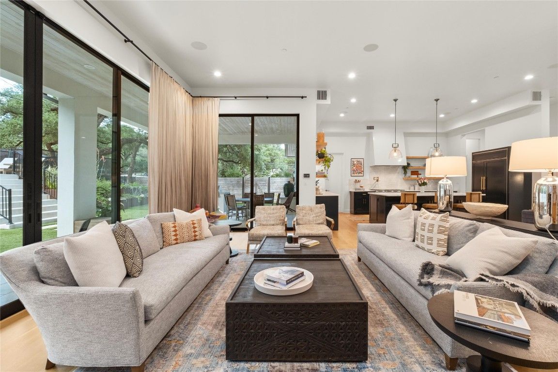 Dining room, Interior, Kitchen, Living room, Pendant Lights, Recessed Lighting, Stainless Steel Appliances, Wood Texture Flooring