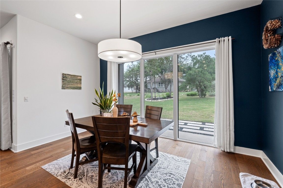 Dining room, Interior, Pendant Lights, Recessed Lighting, Wood Texture Flooring