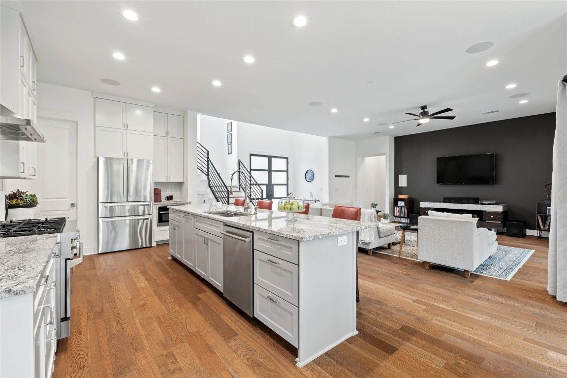 Interior, Kitchen, Living room, Recessed Lighting, Stainless Steel Appliances, Wood Texture Flooring