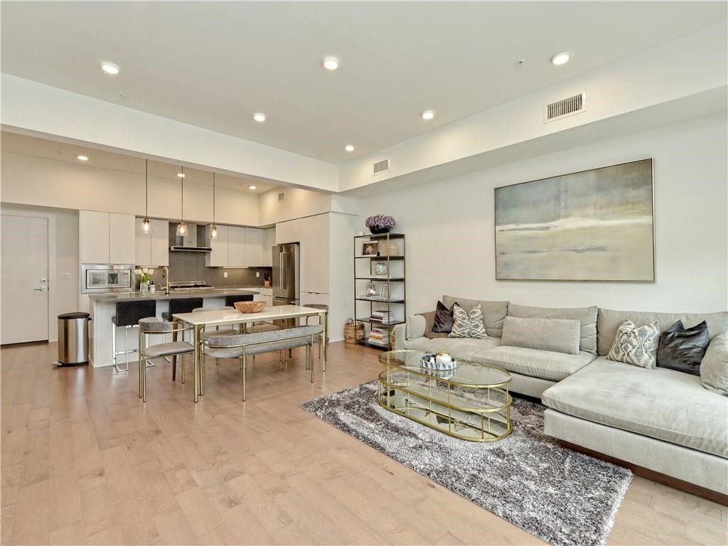 Dining room, Interior, Kitchen, Living room, Pendant Lights, Recessed Lighting, Stainless Steel Appliances, Wood Texture Flooring