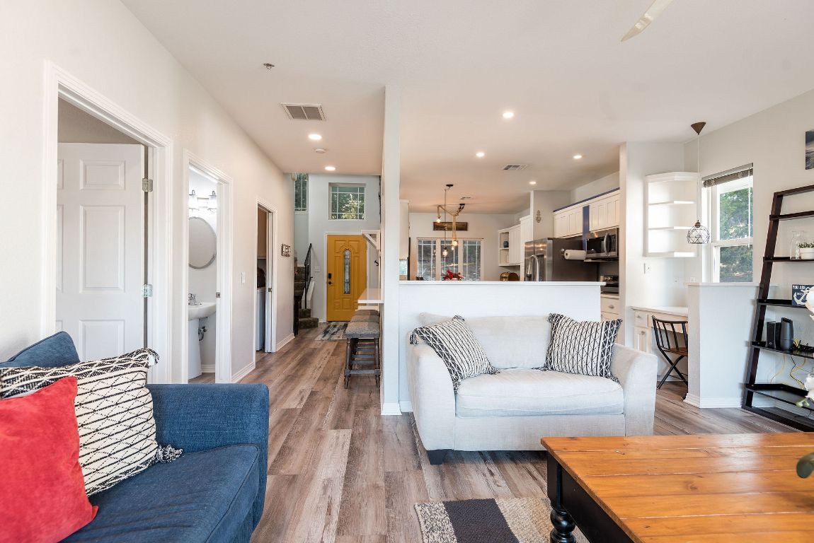 Interior, Kitchen, Living room, Pendant Lights, Recessed Lighting, Stainless Steel Appliances, Wood Texture Flooring