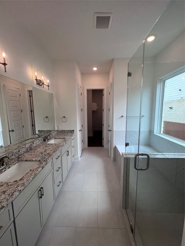 Bathroom, Dual Sink Vanities, Glass Shower, Interior, Recessed Lighting