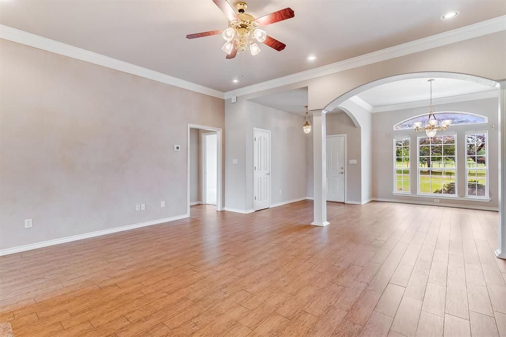 Chandelier, Empty room, Interior, Pendant Lights, Recessed Lighting, Wood Texture Flooring