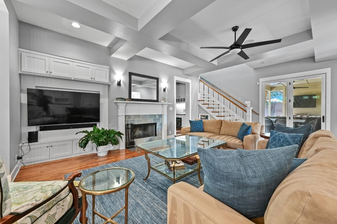 Fireplace, Interior, Living room, Recessed Lighting, Wood Texture Flooring