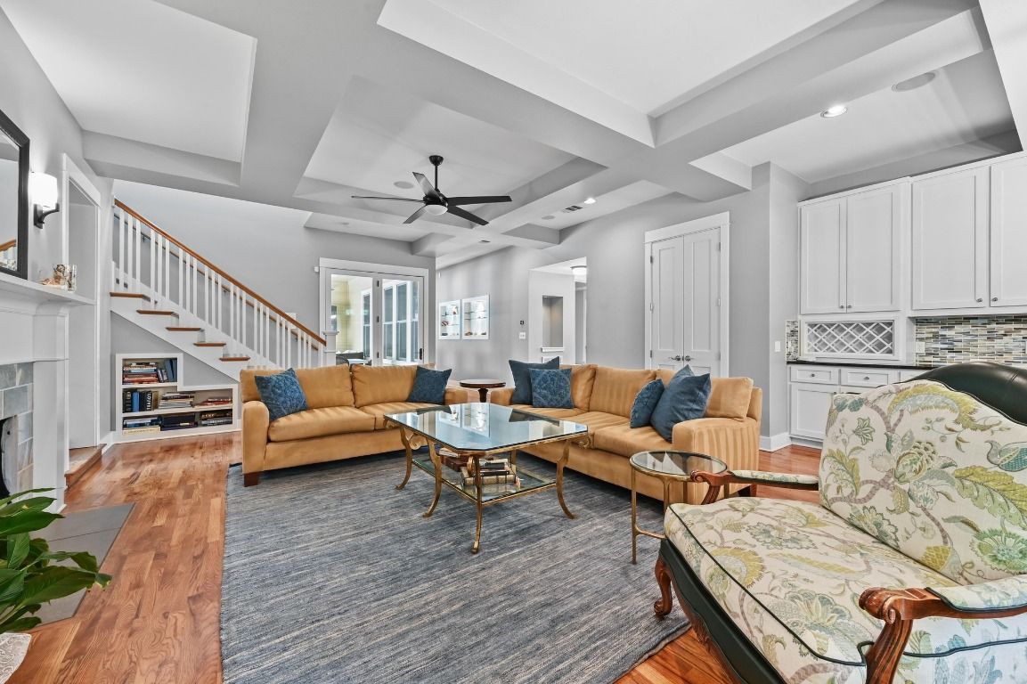 Fireplace, Interior, Living room, Recessed Lighting, Wood Texture Flooring